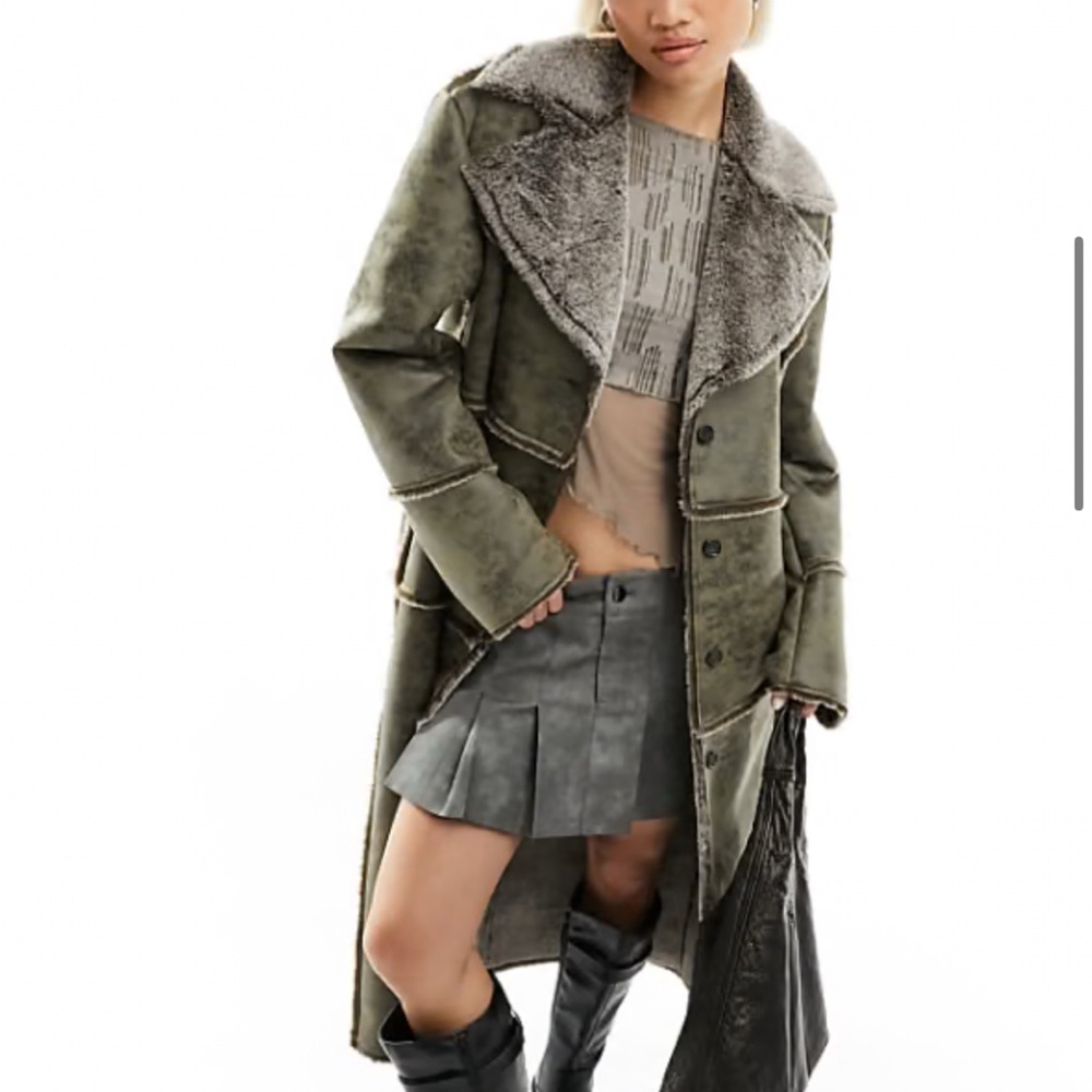 Women's Olive Green Shearling Borg Coat